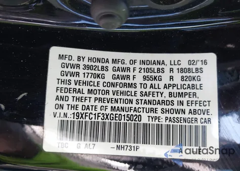 2016 Honda Civic Ex-T from USA, damaged, VIN 19XFC1F3XGE015020